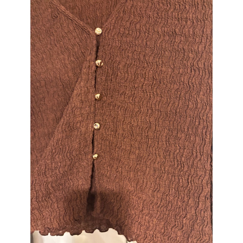 H&M Textured Jersey Top Brown V-Neck Gold Button Front Long Sleeves Women's L - Picture 4 of 7